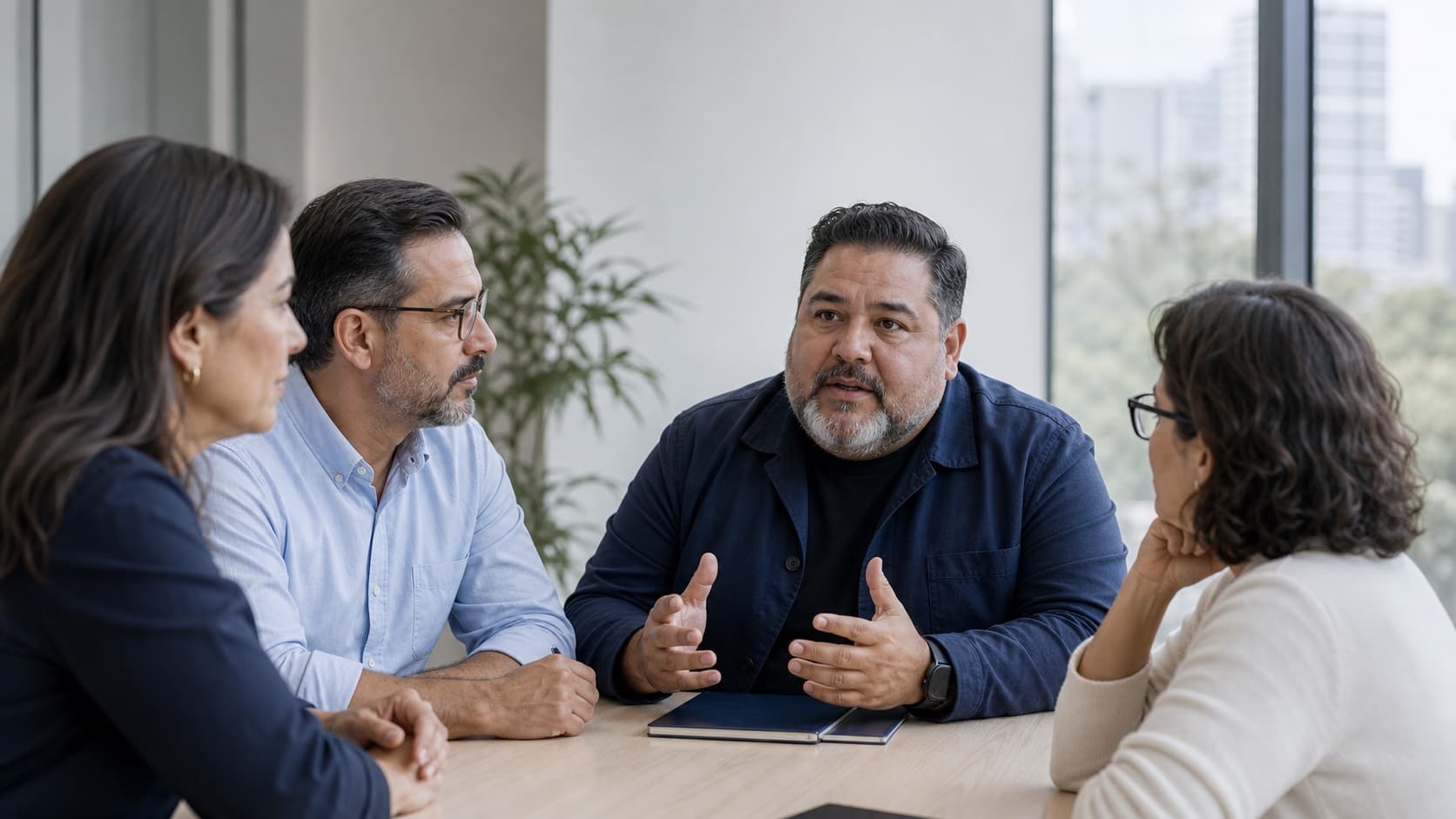 Latin leadership team discussing workforce health and performance in an office